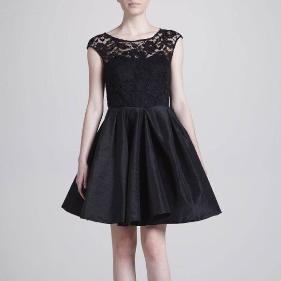 Marchesa Notte Lace Illusion Fit & Flare Taffeta Retro Cocktail Mini Dress Black - Picture 1 of 15